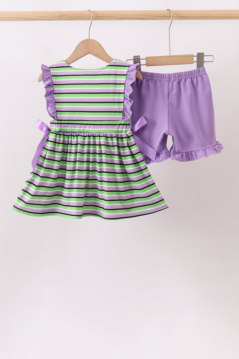 Purple witch embroidery stripe ruffle shorts set