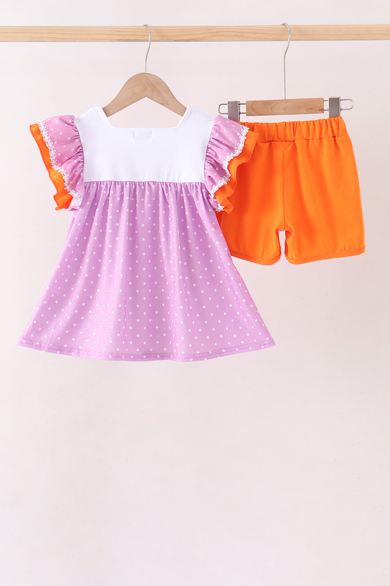 Purple Bucket Candy Embroidery Ruffle Shorts Set