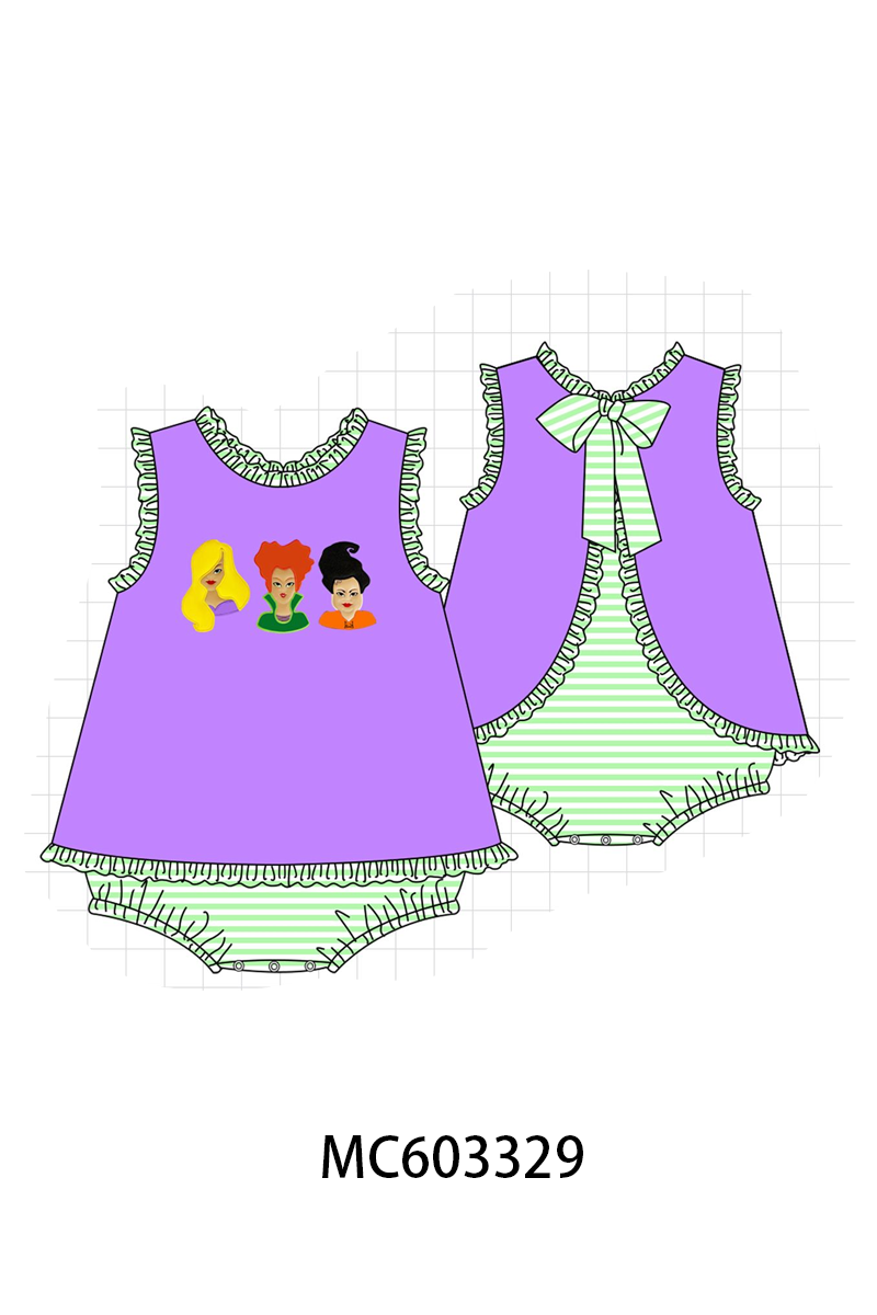 Purple witch applique stripe ruffle bubble