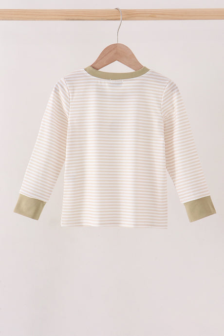 Khaki Pumpkin Embroidery Stripe Top