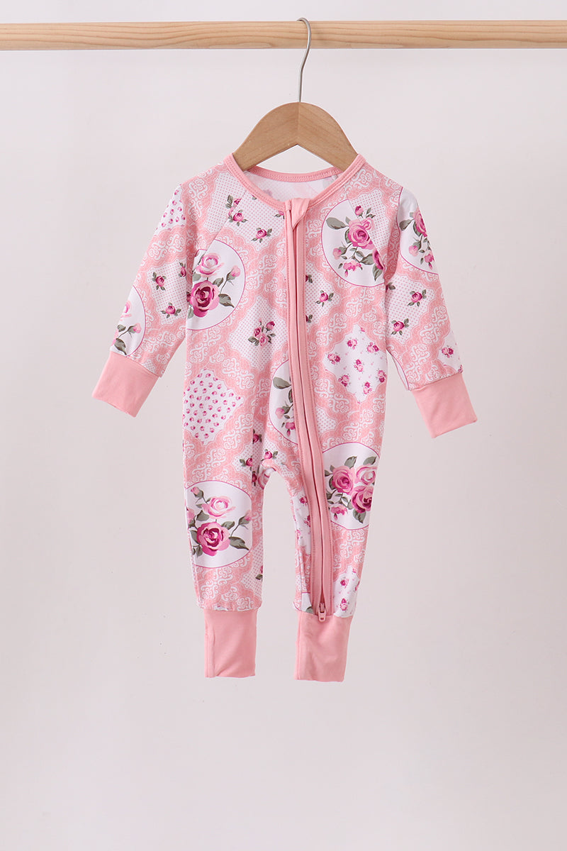 Pink Floral Bamboo Zipper Romper