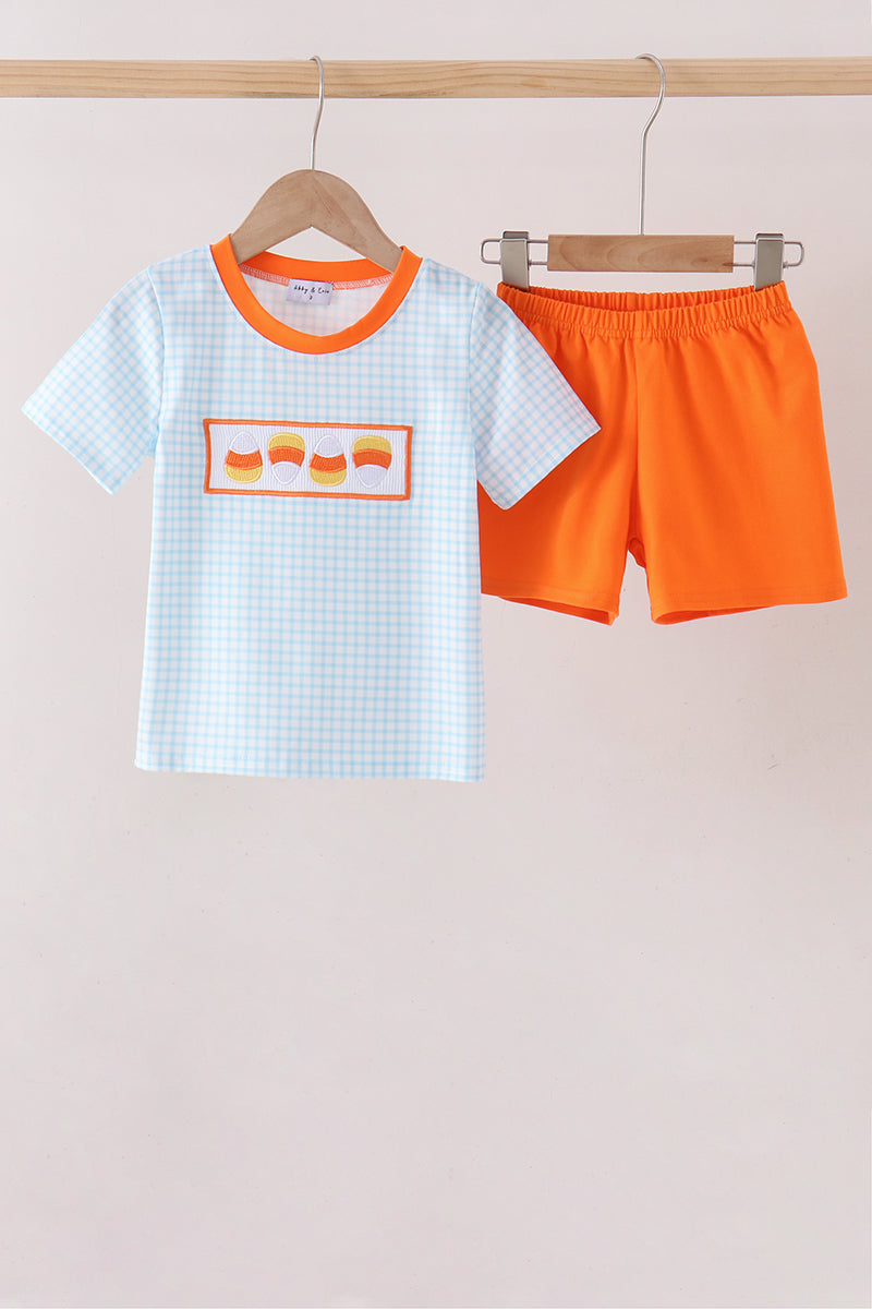 Blue Gingham Candy Corn Embroidery Shorts Set