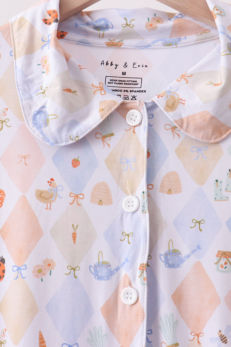 Blue Chicken Bow Bamboo Mom Pajama Pants Set