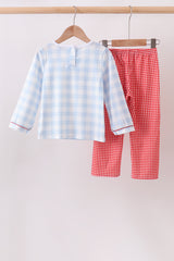 Blue Farm Embroidery Gingham Pants Set