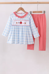 Blue Farm Embroidery Ruffle Gingham Pants Set