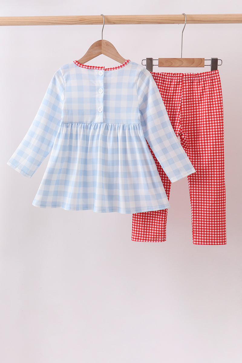 Blue Farm Embroidery Ruffle Gingham Pants Set