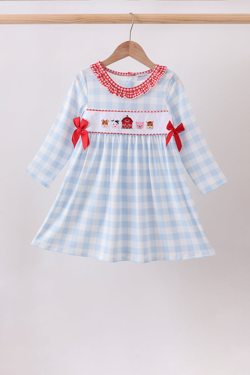 Blue Farm Embroidery Ruffle Gingham Dress