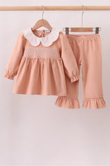 Coral Corduroy Smocked Ruffle Pants Set