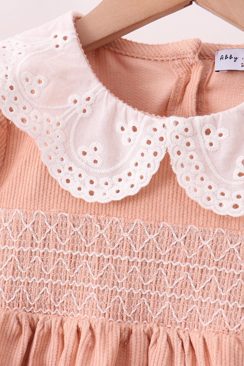 Coral Corduroy Smocked Ruffle Pants Set