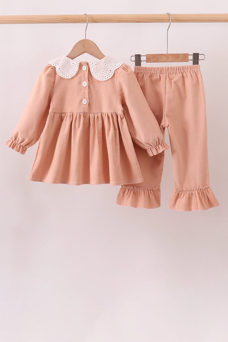 Coral Corduroy Smocked Ruffle Pants Set