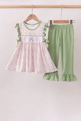 Sage Pumpkin Bow Embroidery Ruffle Pants Set