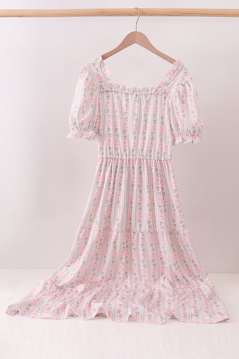Pumpkin Bow Embroidery Mom Tiered Dress