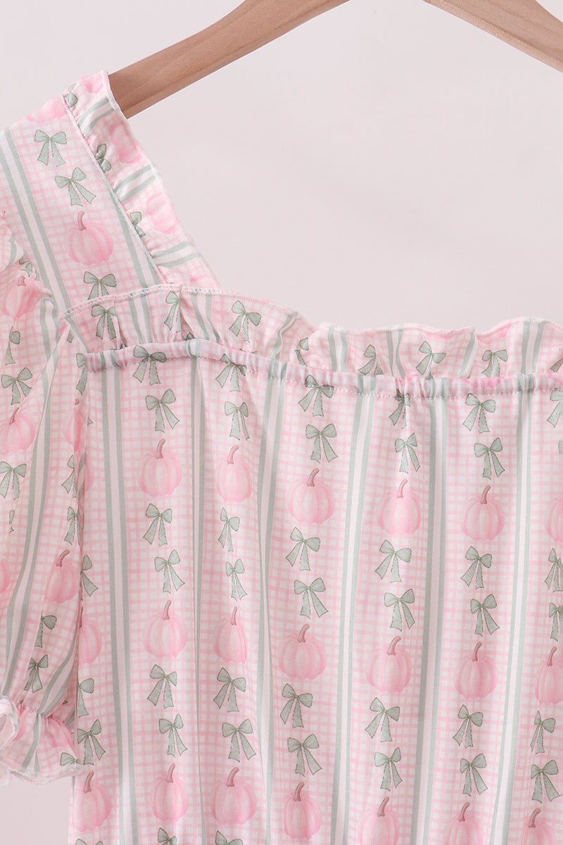 Pumpkin Bow Embroidery Mom Tiered Dress