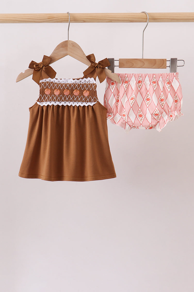 Brown Pumpkin Smocked Lace Bloomer Set