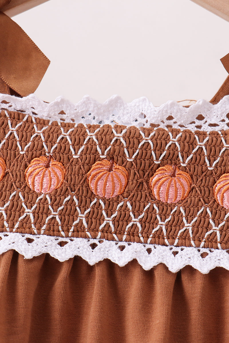 Brown Pumpkin Smocked Lace Bloomer Set