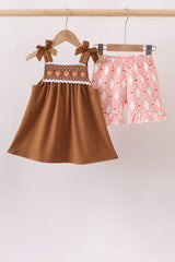 Brown Pumpkin Smocked Lace Shorts Set
