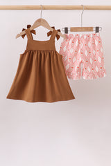 Brown Pumpkin Smocked Lace Shorts Set