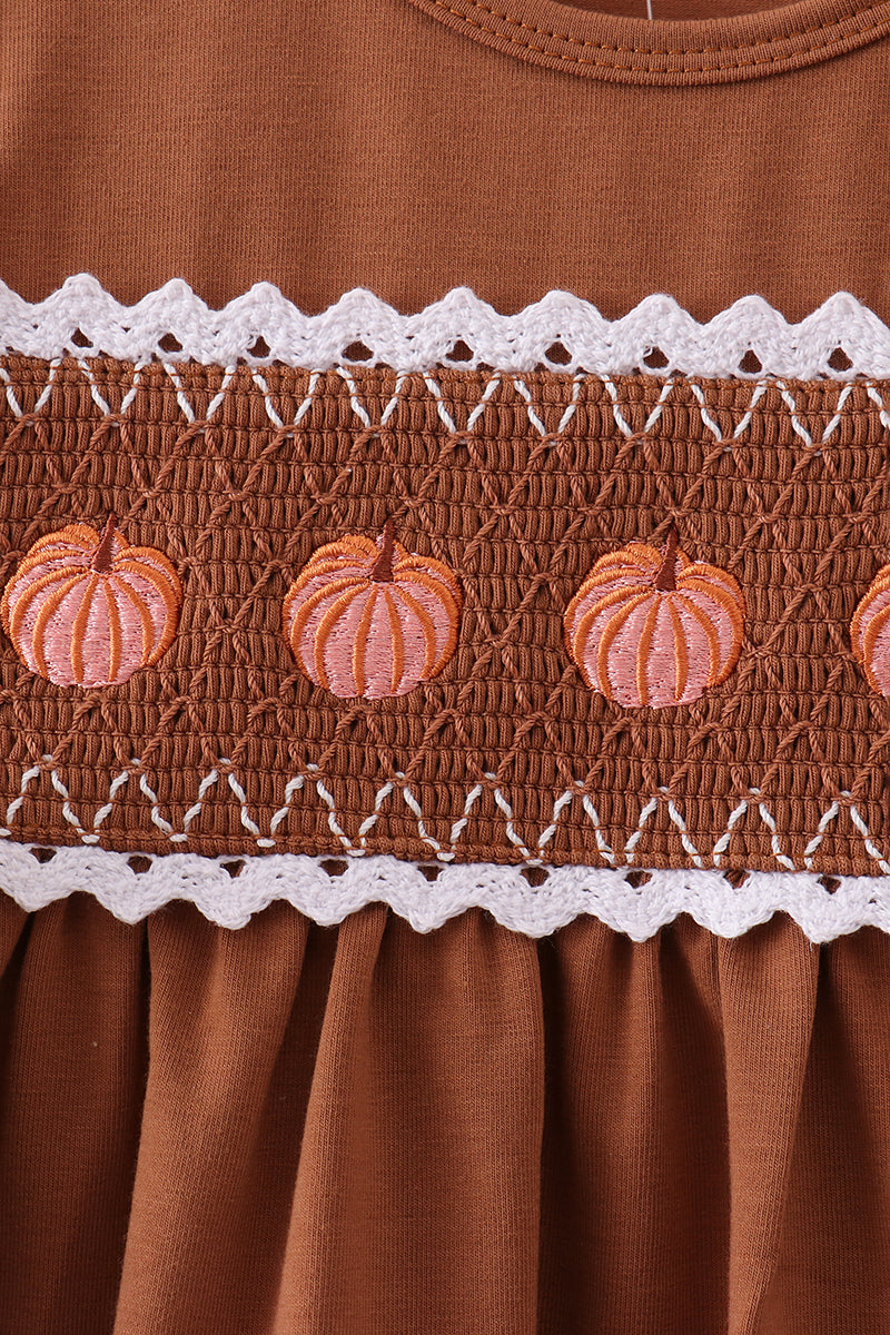Brown Pumpkin Smocked Lace Dress
