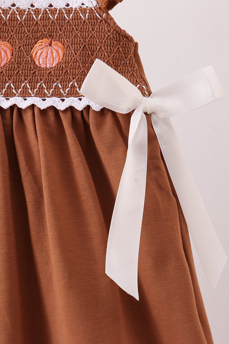 Brown Pumpkin Smocked Lace Dress