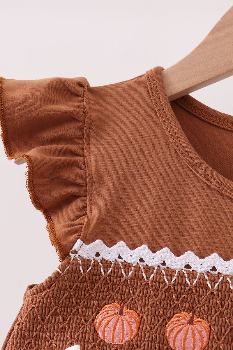 Brown Pumpkin Smocked Lace Dress