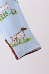 Blue puppy hunting bamboo zipper romper