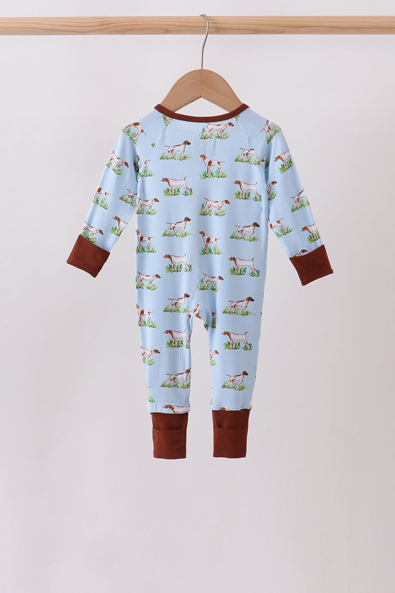 Blue puppy hunting bamboo zipper romper