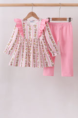 Pink Rose Stripe Ruffle Pants Set