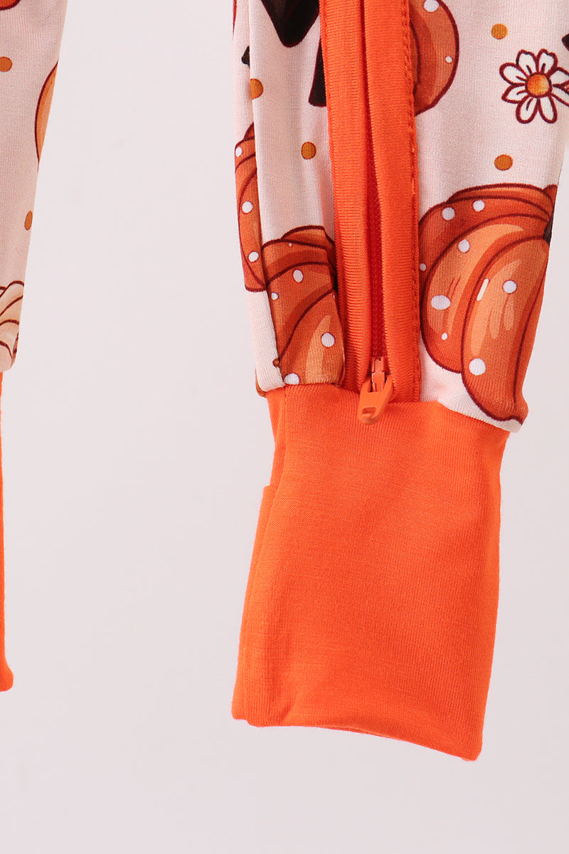 Orange Pumpkin Floral Bow Bamboo Romper