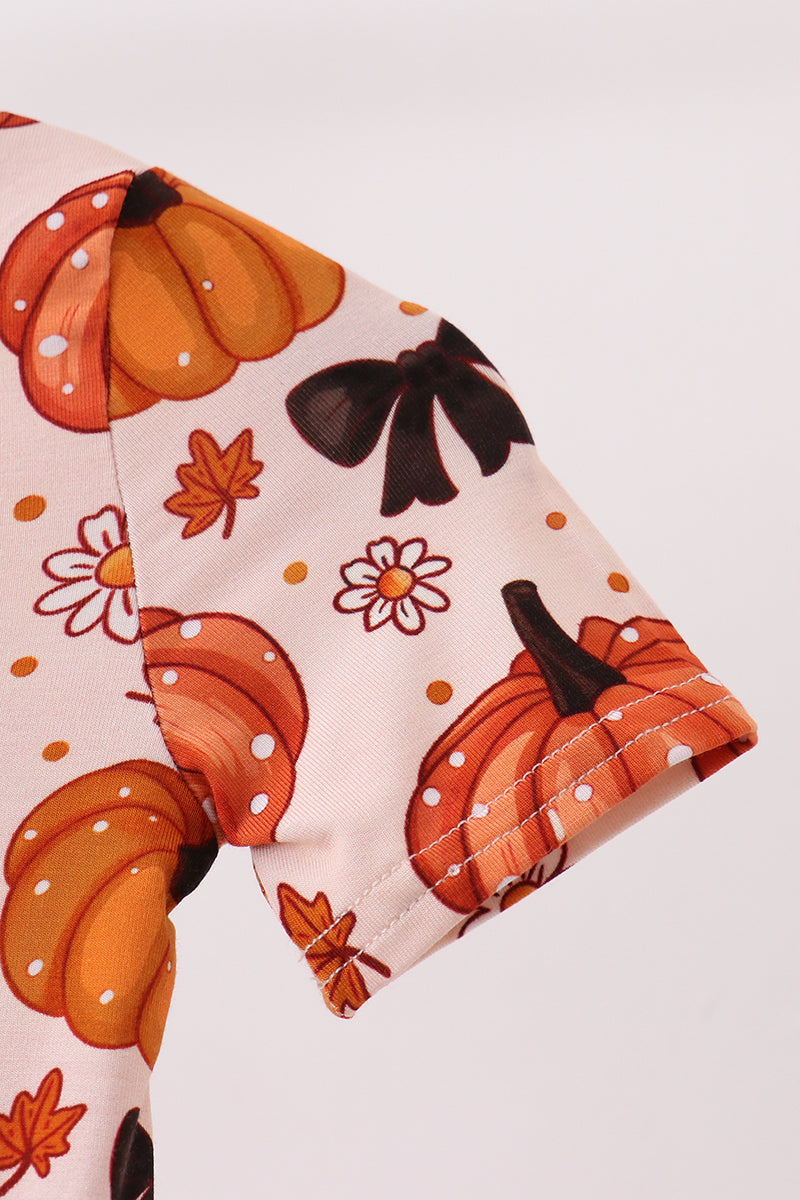 Orange Pumpkin Floral Bow Bamboo Romper