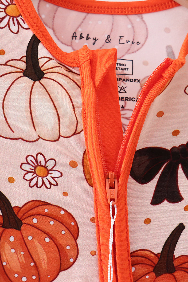 Orange Pumpkin Floral Bow Bamboo Romper