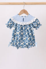 Blue pumpkin bow smocked lace bubble