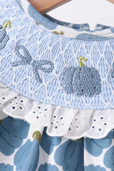 Blue pumpkin bow smocked lace bloomer set