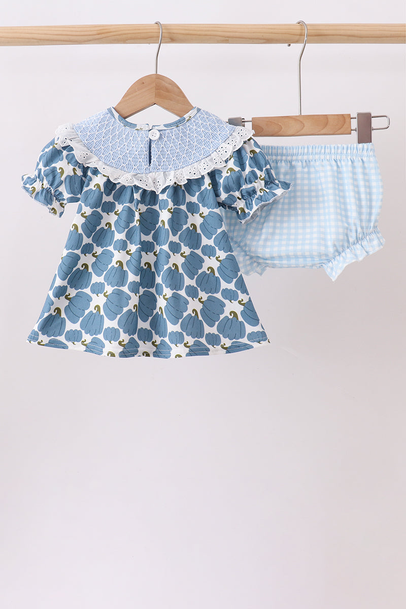 Blue pumpkin bow smocked lace bloomer set
