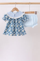 Blue pumpkin bow smocked lace bloomer set