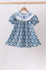 Blue pumpkin bow smocked lace dress