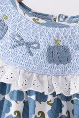 Blue pumpkin bow smocked lace dress