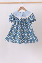 Blue pumpkin bow smocked lace dress
