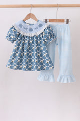 Blue pumpkin bow smocked lace ruffle pants set