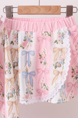 Pink Bow Floral Lace Skorts Set