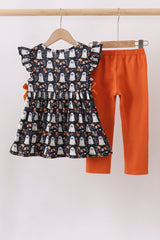 Orange Ghost Embroidery Ruffle Pants Set