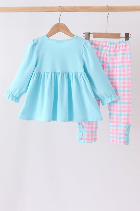 Blue bow french knot plaid pants set