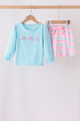Blue bow french knot plaid skorts set