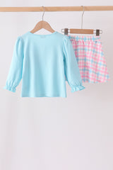 Blue bow french knot plaid skorts set