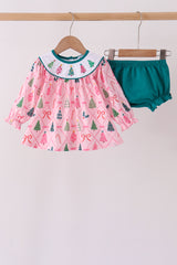 Pink Christmas Tree Embroidery Bloomer Set