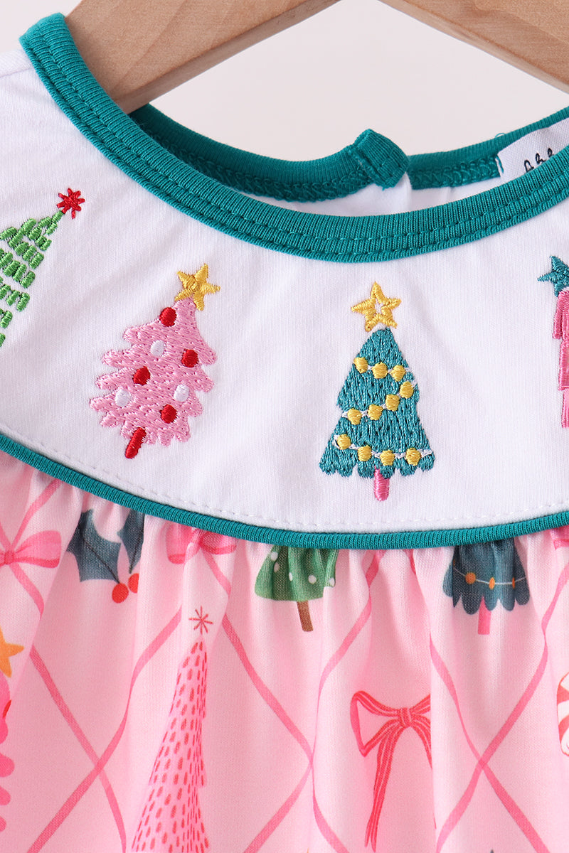 Pink Christmas Tree Embroidery Bloomer Set