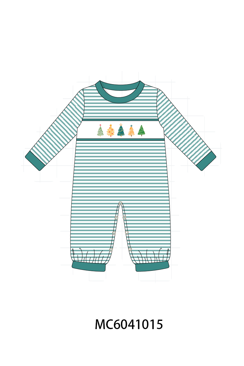 Green Christmas Tree Embroidery Stripe Romper