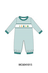 Green Christmas Tree Embroidery Stripe Romper