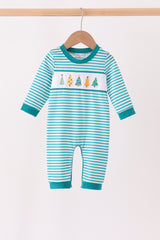 Green Christmas Tree Embroidery Stripe Romper