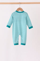 Green Christmas Tree Embroidery Stripe Romper