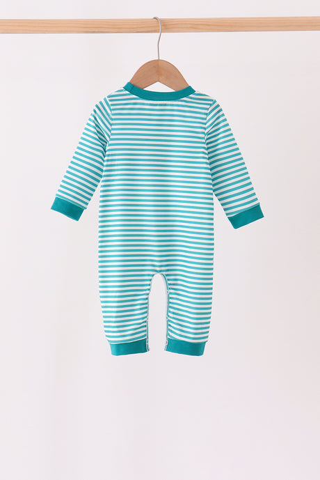 Green Christmas Tree Embroidery Stripe Romper